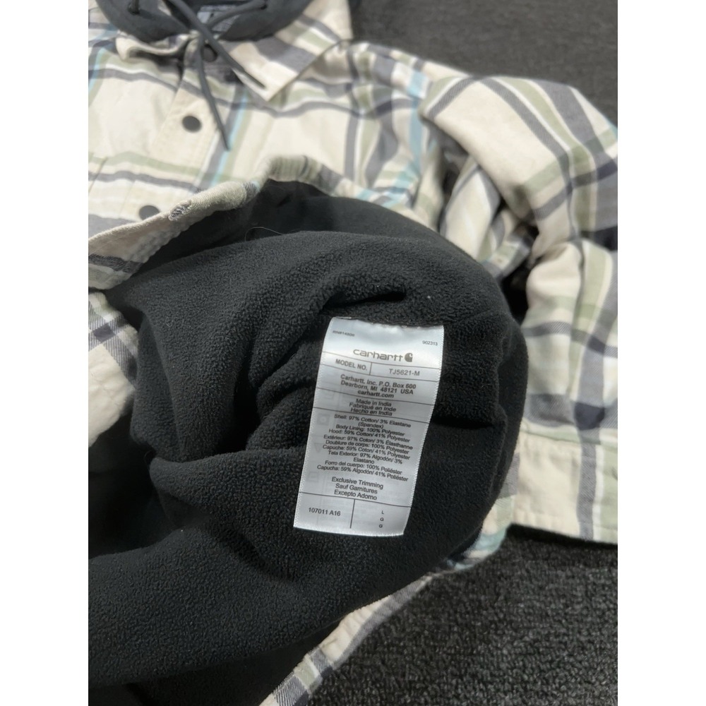 Carhartt Jacket Mens Large Plaid Fleece Lined Hooded Flannel Shacket Shirt Ivory - Picture 4 of 6